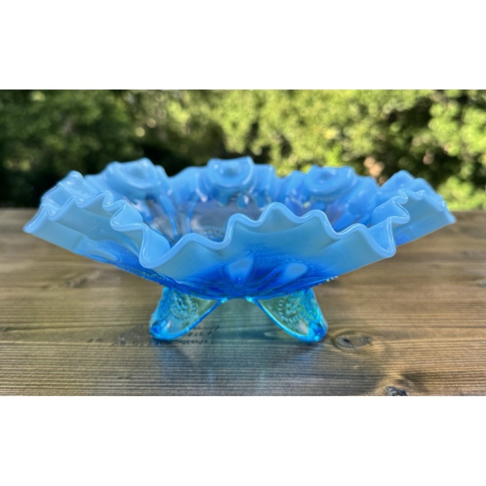 Antique Jefferson Meander Blue‎ Opalescent Footed Ruffled Bowl 9"